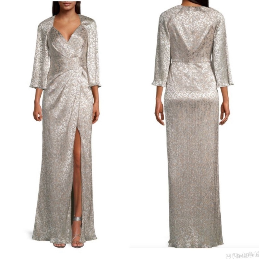 AIDAN MATTOX V Neck Metallic Gown